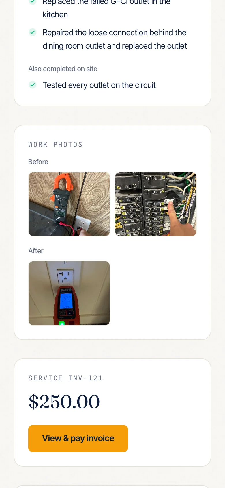 Work photos above a $250 invoice with View and pay
