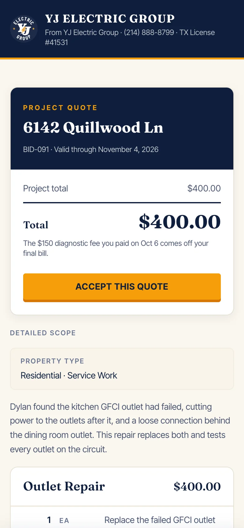 A $400 quote with the $150 diagnostic credit and Accept this quote