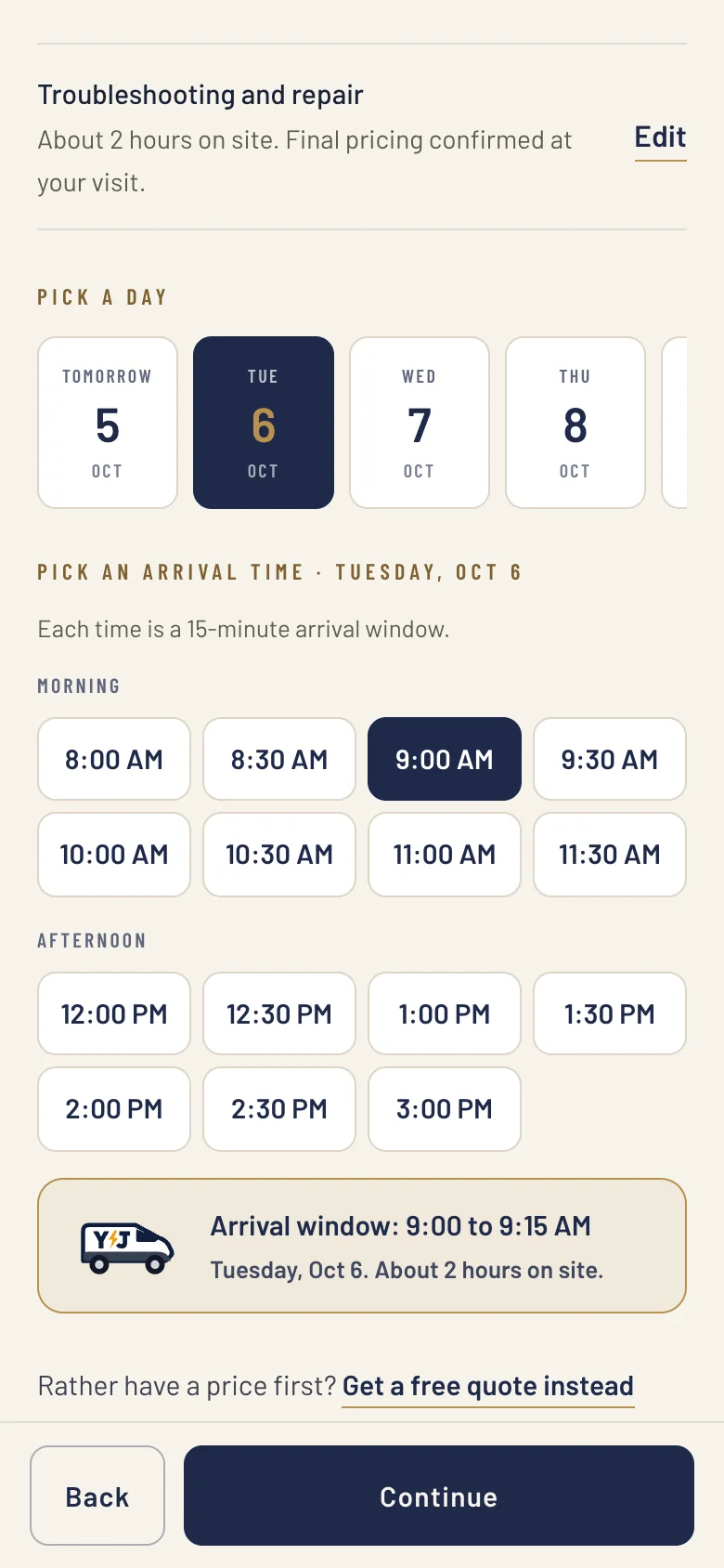 Picking Tuesday and a 9:00 to 9:15 AM arrival window
