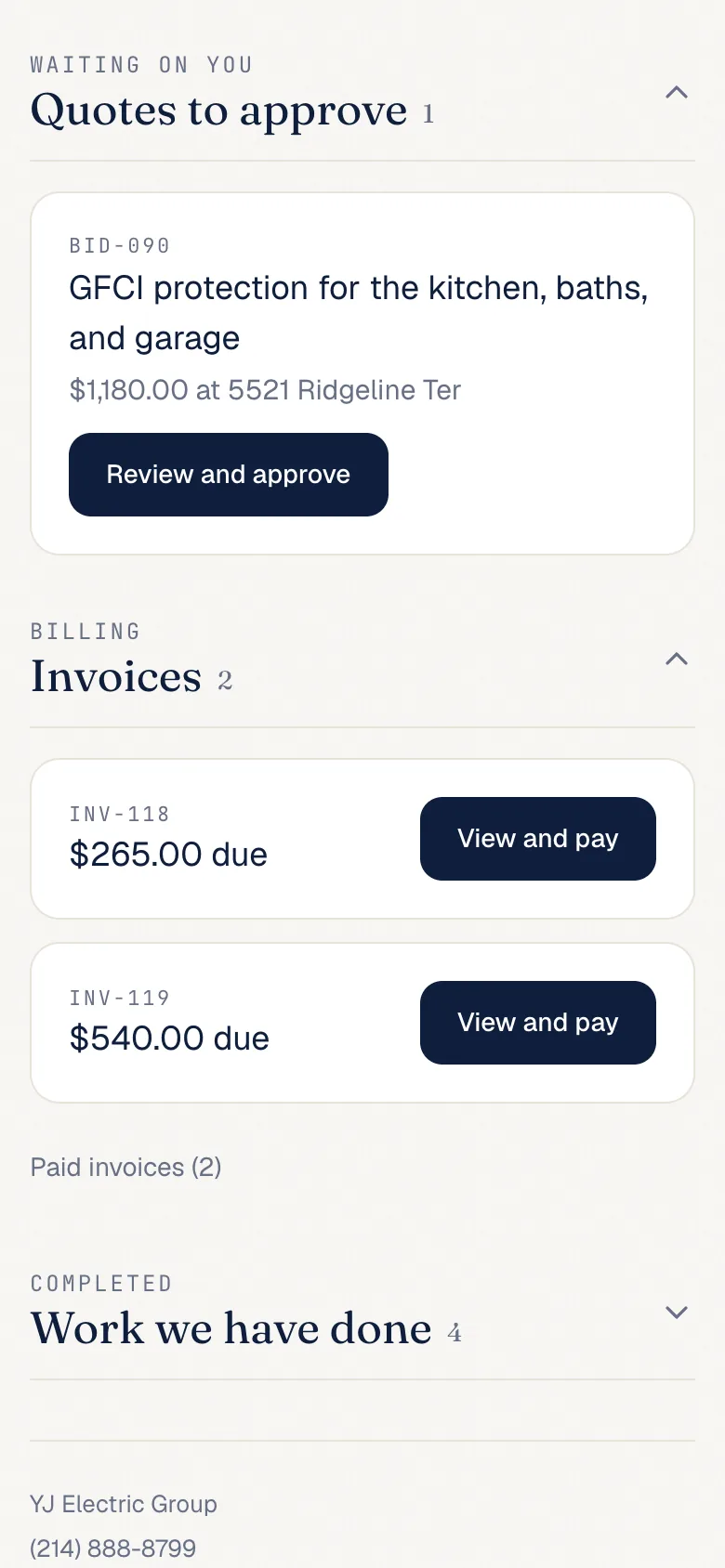 A quote waiting for approval and two invoices with View and pay buttons