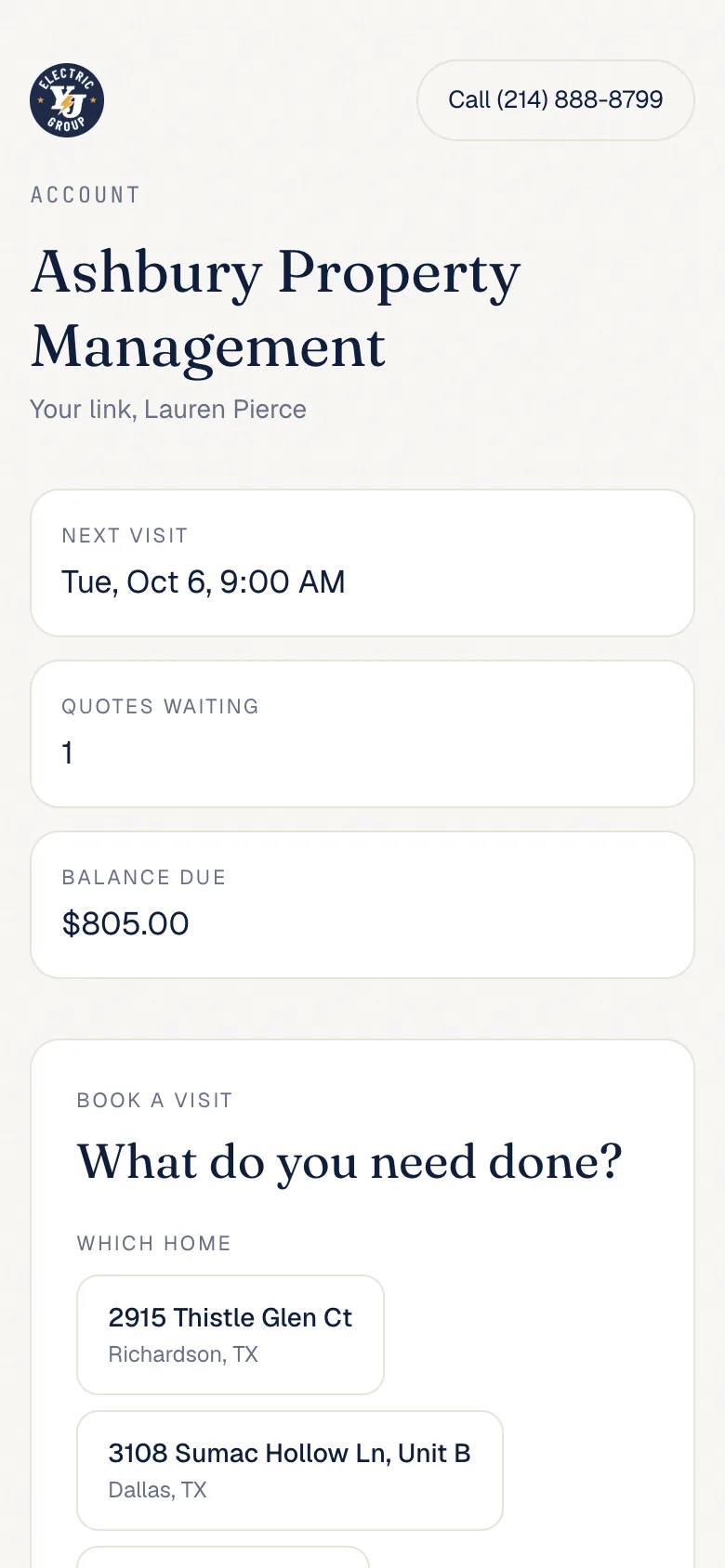 The portal for a sample account: the next visit, one quote waiting, and the balance due