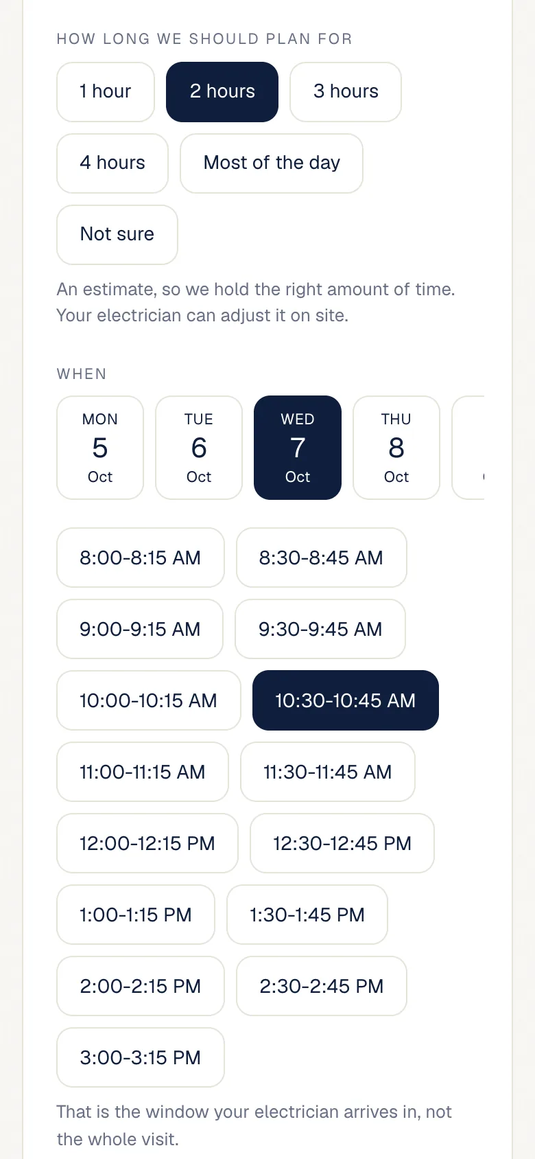 Picking a day and a 10:30 to 10:45 AM arrival window