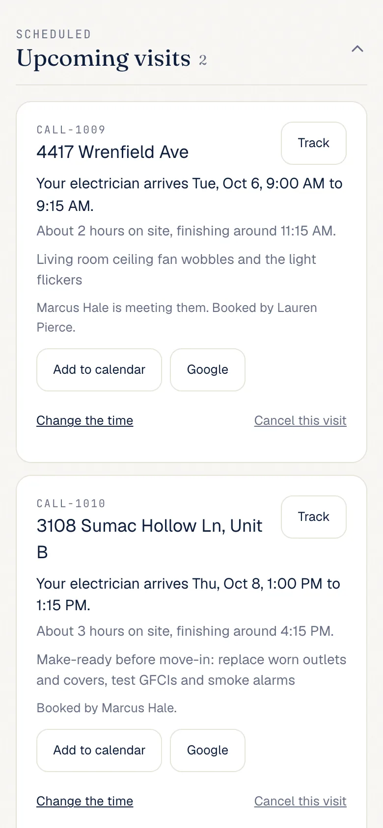 An upcoming visit with Track, Add to calendar, and Change the time